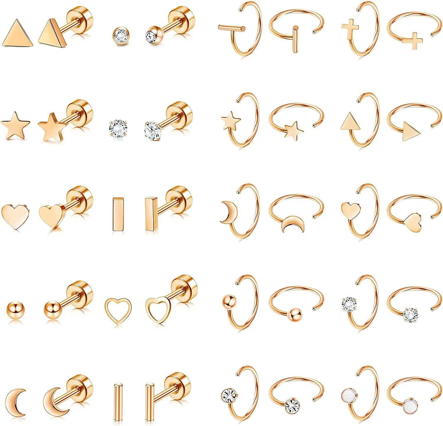 MIRO 20 Paare Half Hoop Ohrringe für Frauen Männer Edelknorpel Stud Ohrringe CZ Opal Ball Star Moon Triangle Herz Flatback Ohrringe Set 20g