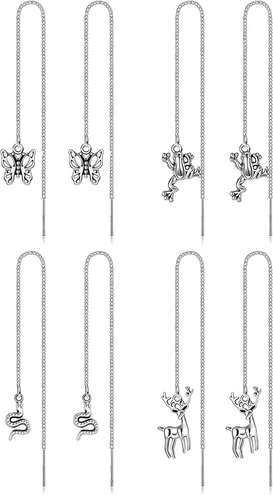 4Pairs Edelsteinless Threader Ohrringe für Frauen Tassel-Kette Ohrringe Frog Deer Snake Butterfly Dangle Drop Chain Ohrringe Set
