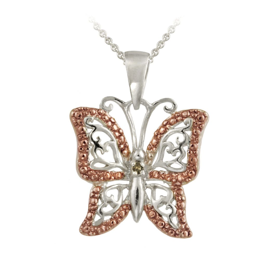 Sterling Silber Zwei-Tone Rose Gold Champagner Diamant Akzent Schmetterling Halskette