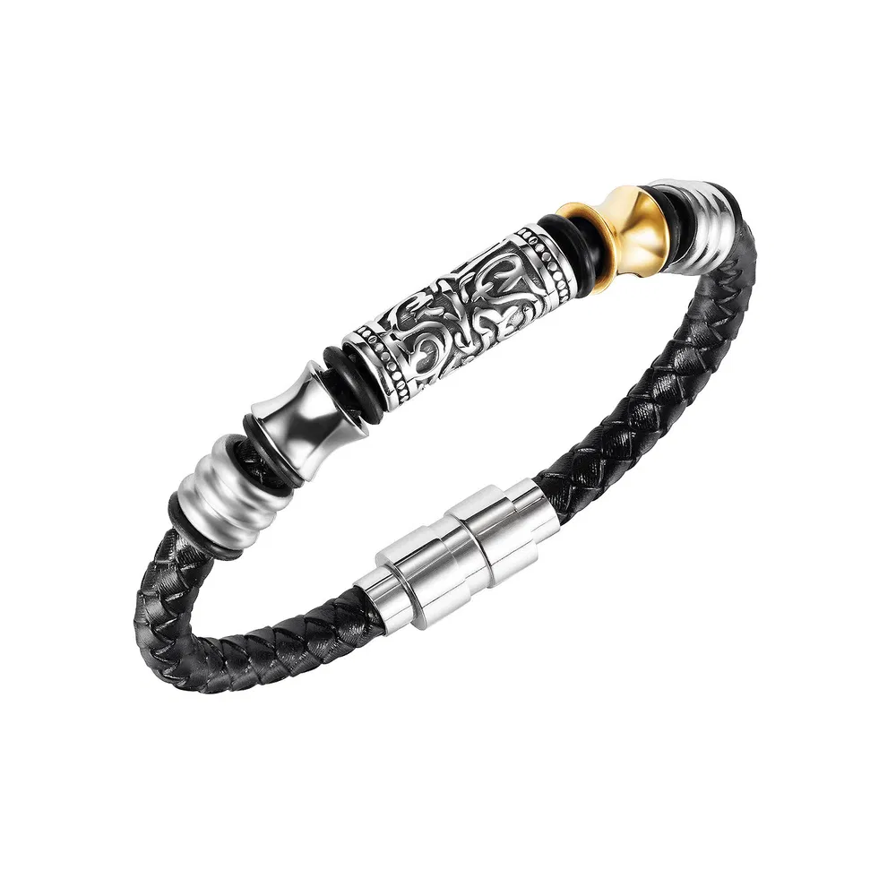 Vintage geflochtes Leder Edelstahl Armband für Männer