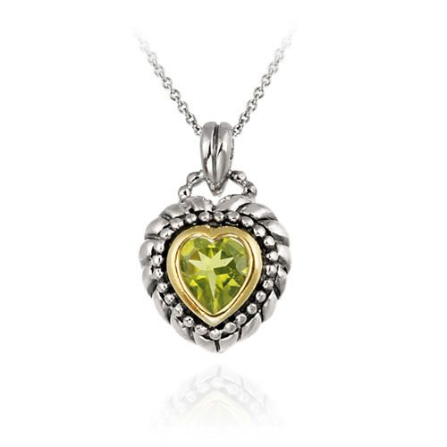 Sterling Silber Zwei Tone Designer Inspired Peridot Herz Anhänger w / Perlen Grenze