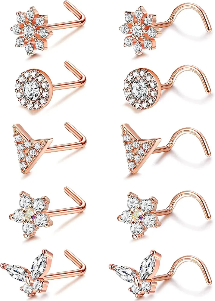 10Pcs 20G Edelstahl Nasen Ringe Stud Schmetterling L-geformte Nasen Ringe Schneeflocken Runde Nasen Stud Schraube Nasen Ringe Dreieck Blume Nasen Stud für Frauen Männer