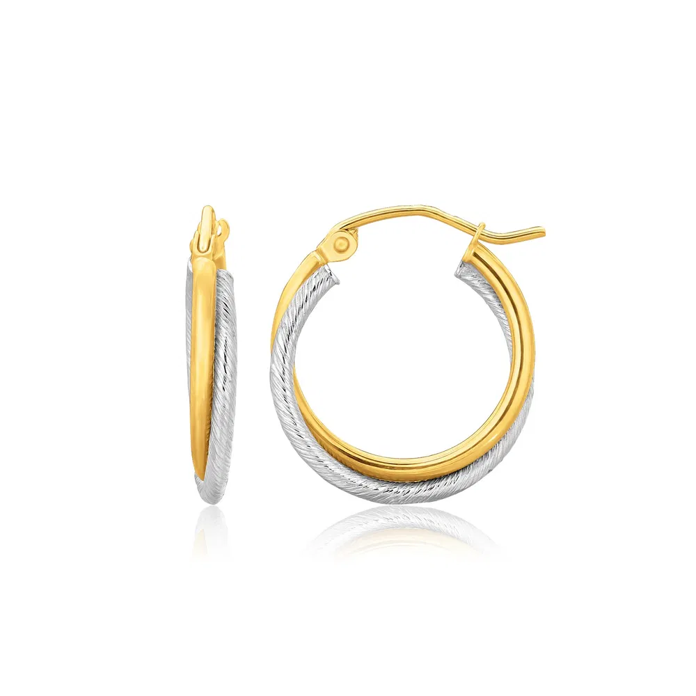 14 Karat Zwei-Ton - Gold Doppel Poliert und Textured Hoop Ohrringe