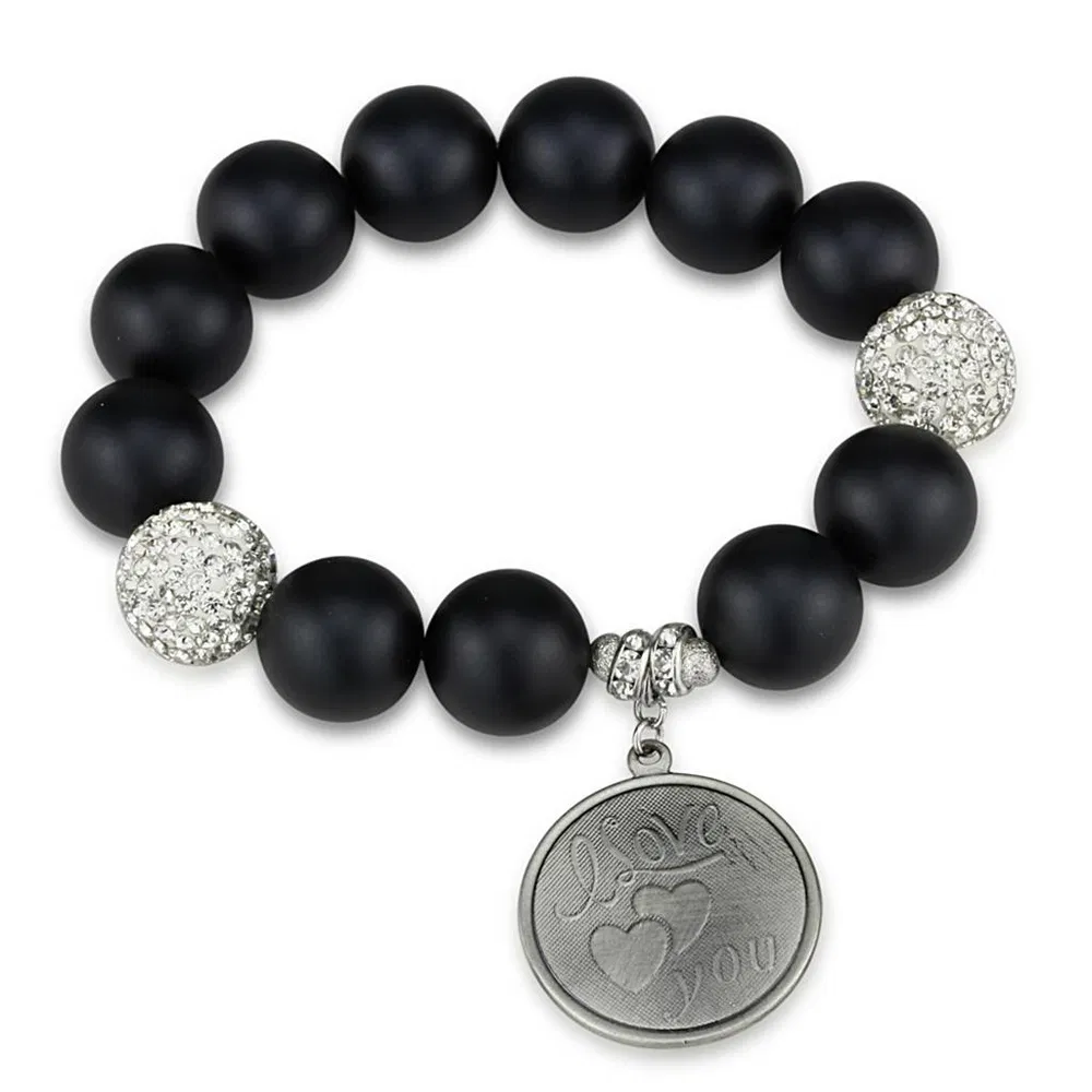 LO3783 - Antike Silber-weißes Metallarmband mit synthetischem Onyx in Jet