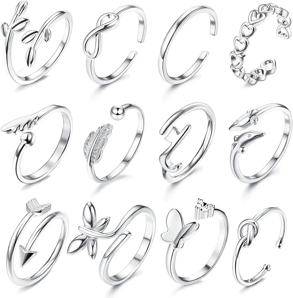 12 Pcs Silber verstellbare Ringe Set für Frauen Mädchen Daumen offene Finger Ringe Stackable Knuckel Ringe Toe Ring Strand Ring für Frauen Mädchen
