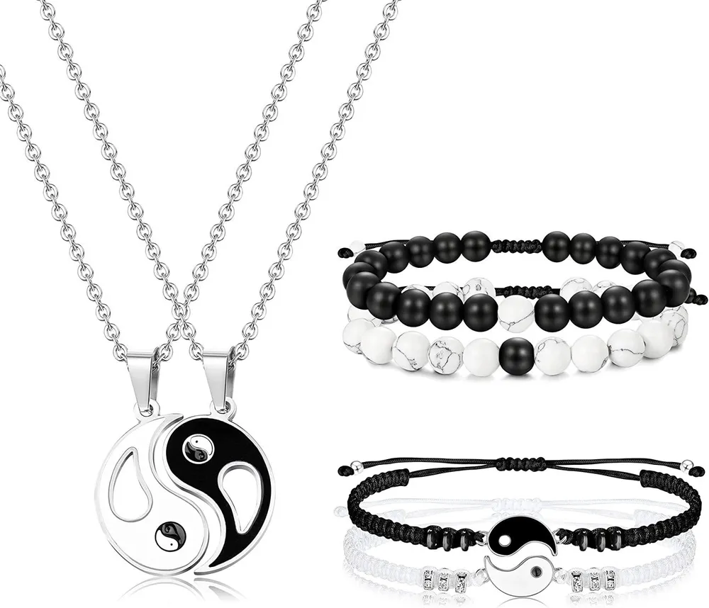6pcs Yin Yang Paar Armbänder Halskette Set Männer Frauen Bff Freundschaft Armbänder einstellbare Schnur Armband Yin Yang Anhänger Halskette Energie Perlen Armband Valentinstag Geschenk