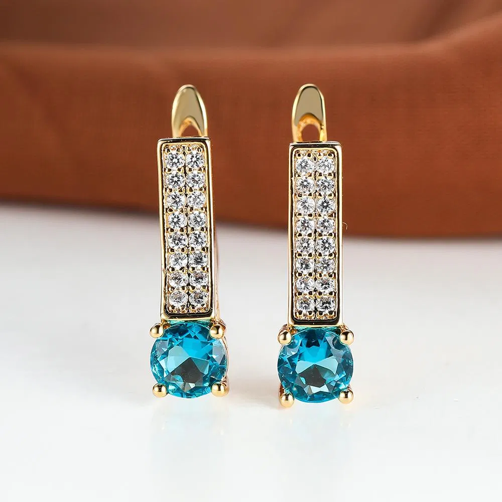 Luxus Goldfarbe Round Cut Aqua Blue Stone Drop Ohrringe Elegant Clip Ohrringe Hochzeit Schmuck Party Geschenk
