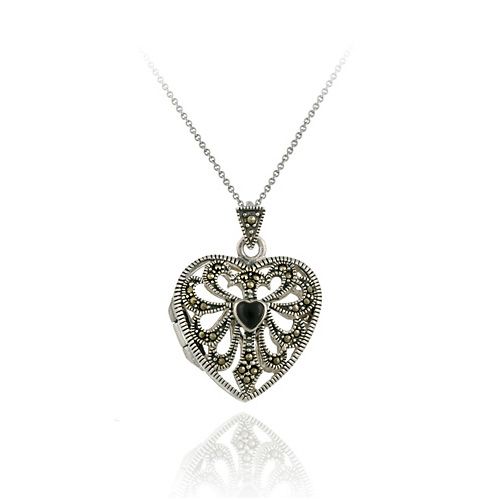 Sterling Silber Marcasite & Onyx Filigree Heart Locket Anhänger