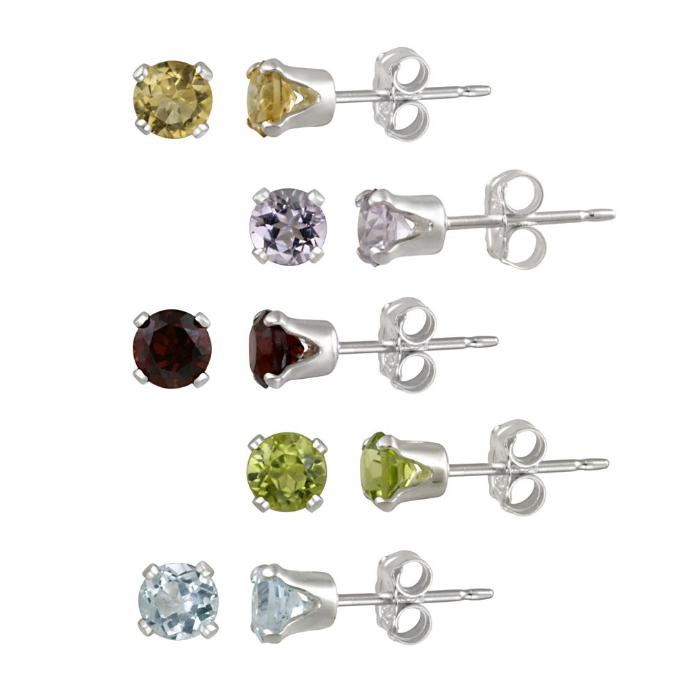 Sterling Silber 4mm Round Amethyst, Citrine, Peridot, Granat und Blau Topaz Stud Ohrring Set