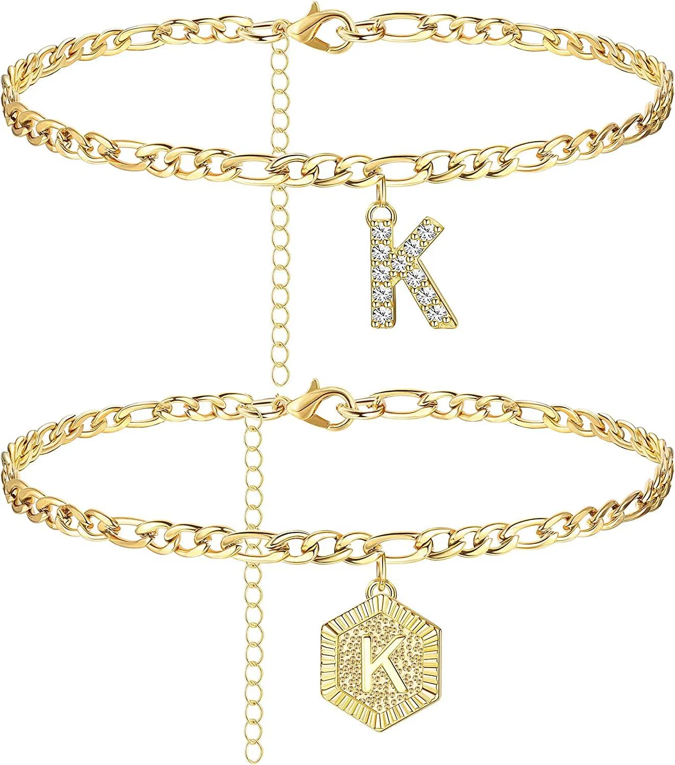 Anfängliche Knöchel-Armbänder für Frauen; Edelstahl-Schicht Figaro-Kettenbrief Anfängliche Knöchel-Armbänder mit Buchstaben-Alphabet für Frauen Mädchen (2Pcs)