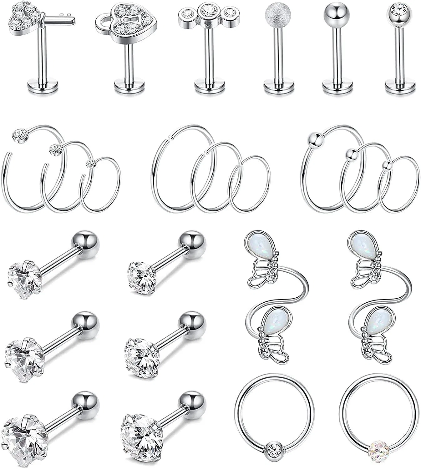 25pcs 16G Edelknorpel Ohrringe Piercing Set Für Frauen Männer Stud Hoop Twist Spiral Ohrringe Conch Daith Tragus Rook Helix Nasenring Piercing