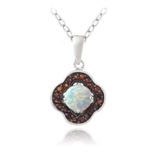 Sterling Silber Garnet & geschaffen Weiße Opal Blume Halskette