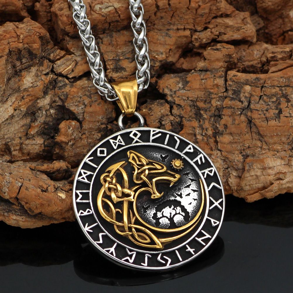 Viking Wolf Kopf Rune Anhänger Halskette Trendy Männer Long