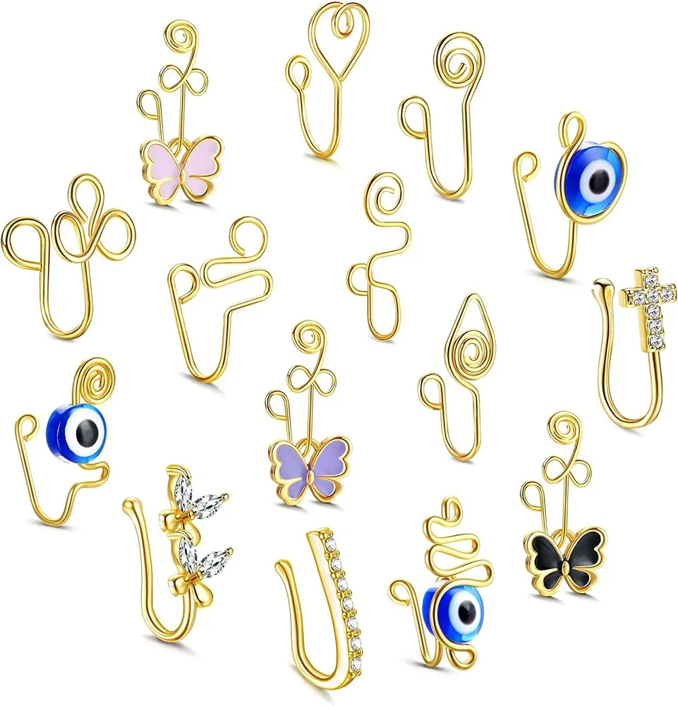 14 Karat Goldplated African Nose Cuff für Nicht-Pierced Nose Adjustable Evil Eye Butterfly CZ Fake Nose Ringe Non-Piercing Clip On Nose Ring für Frauen Faux Piercing 15 Stück