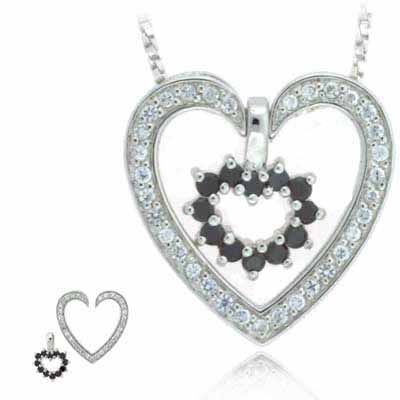 Sterling Silber Schwarz & Clear CZ Zwei Herz Anhänger