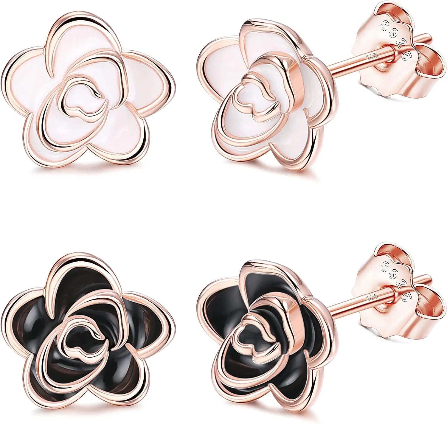 2Paare 925 Sterling Silber Rose Stud Ohrringe Weiße Emaille Plating Rose Flower Ohrringe Set für Frauen mit Geschenkbox