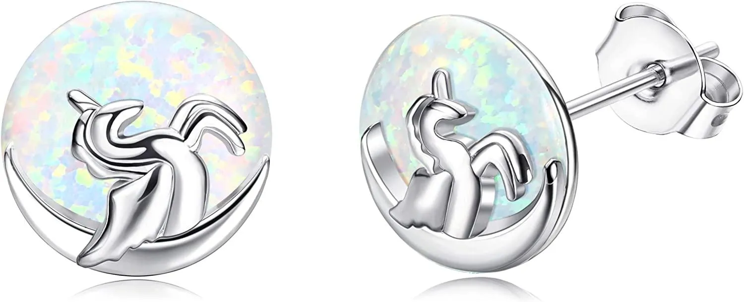 Faux Opal Stud Ohrringe; 925 Sterling Silver Moon Star Planet Ohrringe für Frauen süße hypoallergene Ohrringe für empfindliche Ohren