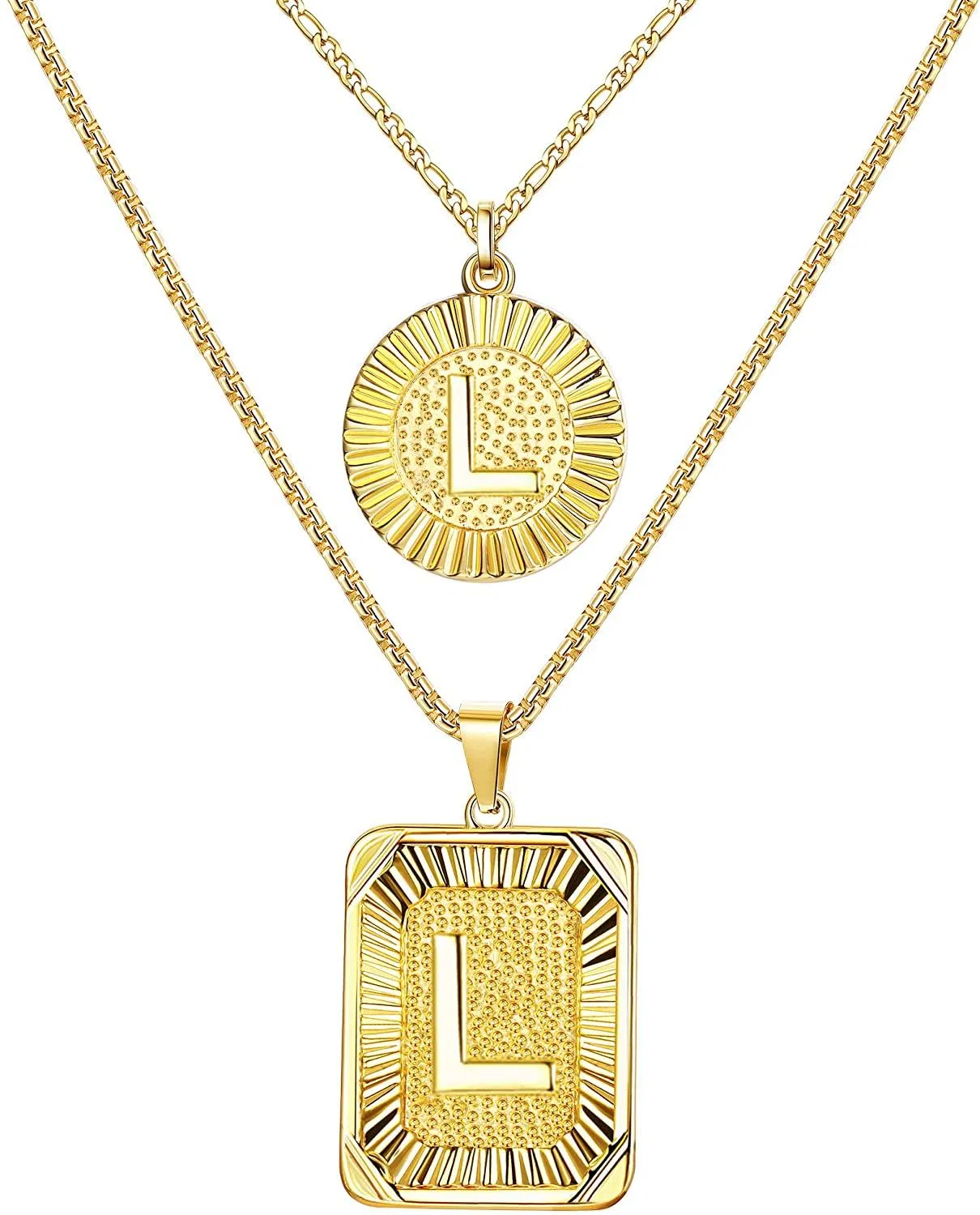 18K Gold Initial-Kette - Sets für Frauen Herren; Round Sqaure Initial Letter Pendant-Kette; Gold beschichtete Edelstahl-Box - Kette