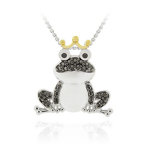 Sterling Silber Zwei-Tone Schwarz Diamant Akzent Frosch Prince Anhänger