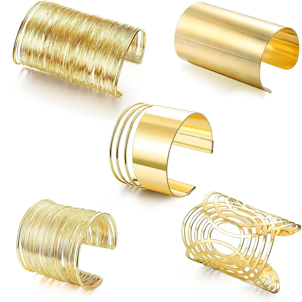 5 Stück Gold Oberarm Armband für Frauen; Manschetten Armband Set; Offene breite Draht Armbänder verstellbare Armband Set Gold