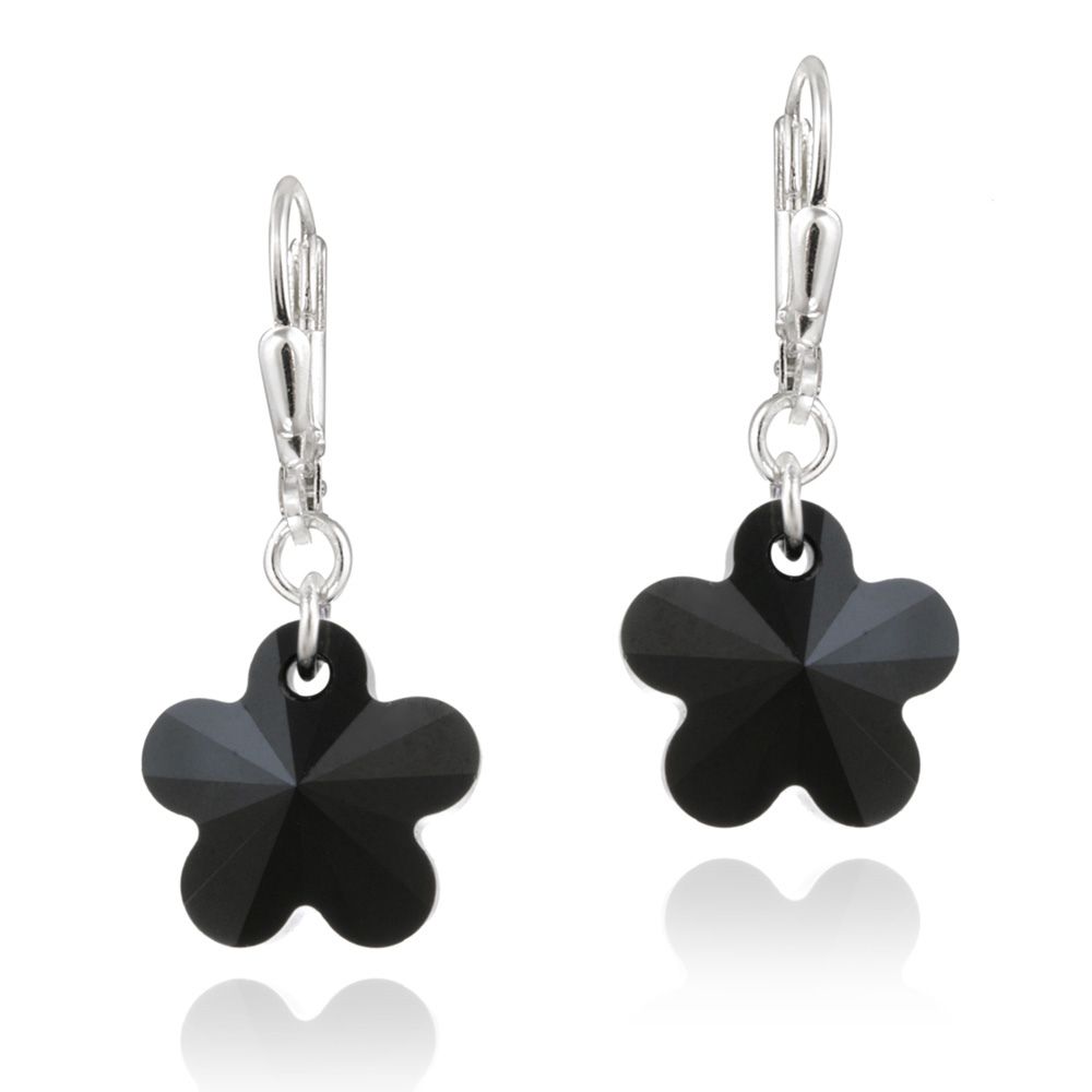 Sterling Silber Schwarz Swarovski Elemente Flower Dangle Leverback Ohrringe