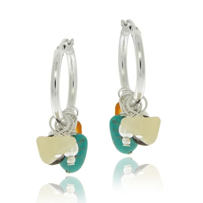 Sterling Silber Aragonit, geschaffen Türkis, Smokey Quarz & Carnelian Nuggets Hoop Ohrringe