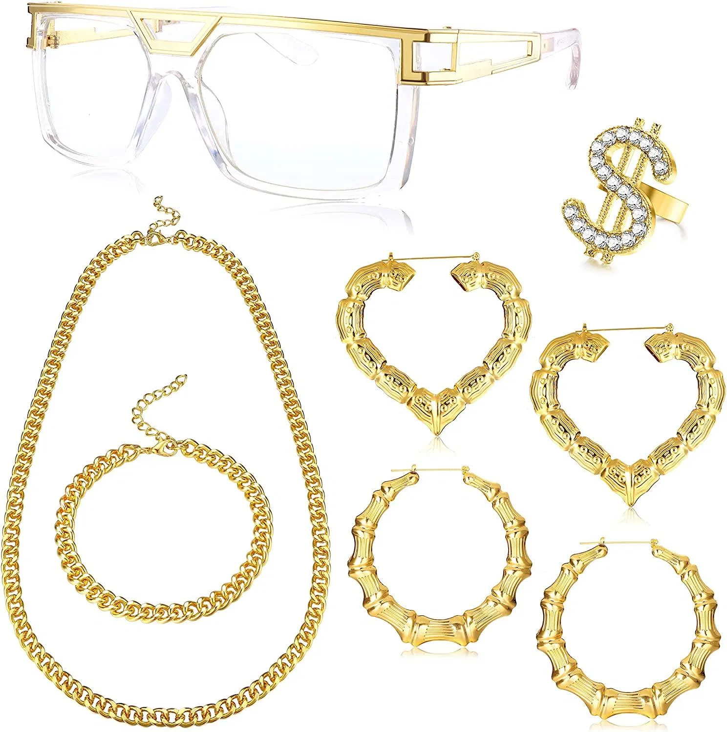 Frauen Hip Hop Kostüm Kit Gold beschichtete kubanische Kette Halskette / Armband DJ Rapper Brille große Hohl-Gieß Bambus Hoop Ohrringe Dollar Ring Punk Rapper Kostüm Schmuck