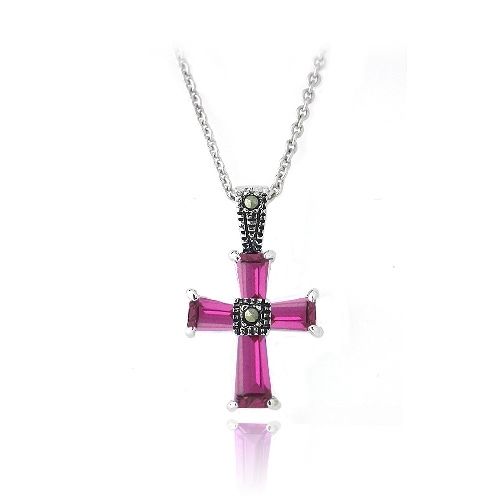 Sterling Silber Rot CZ & Marcasite Kreuz Halskette