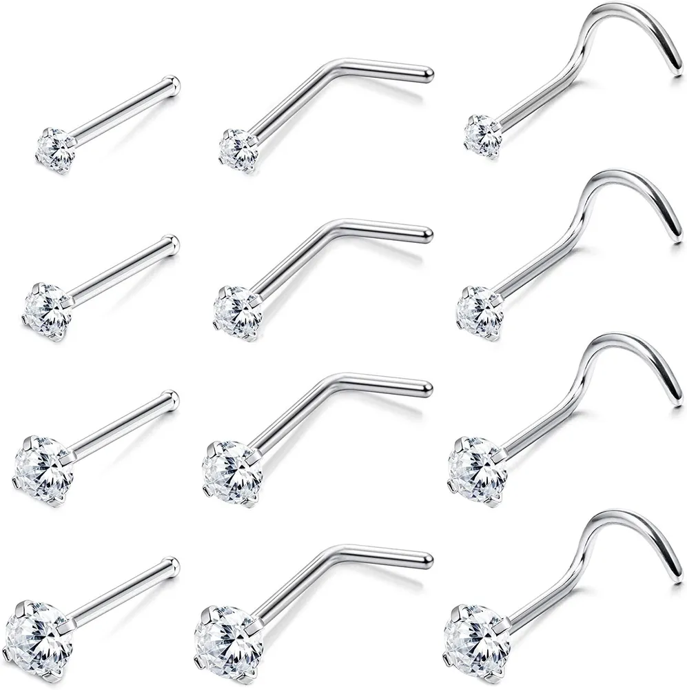 12pcs österreichisches Zirkonia L-förmige Nasenringe für Frauen Männer 316L Edelstahl 1.5mm 2mm 2.5mm 3mm Zirkonia Corkscrew Nose Stud Gerade Nase Piercing Körper 20G