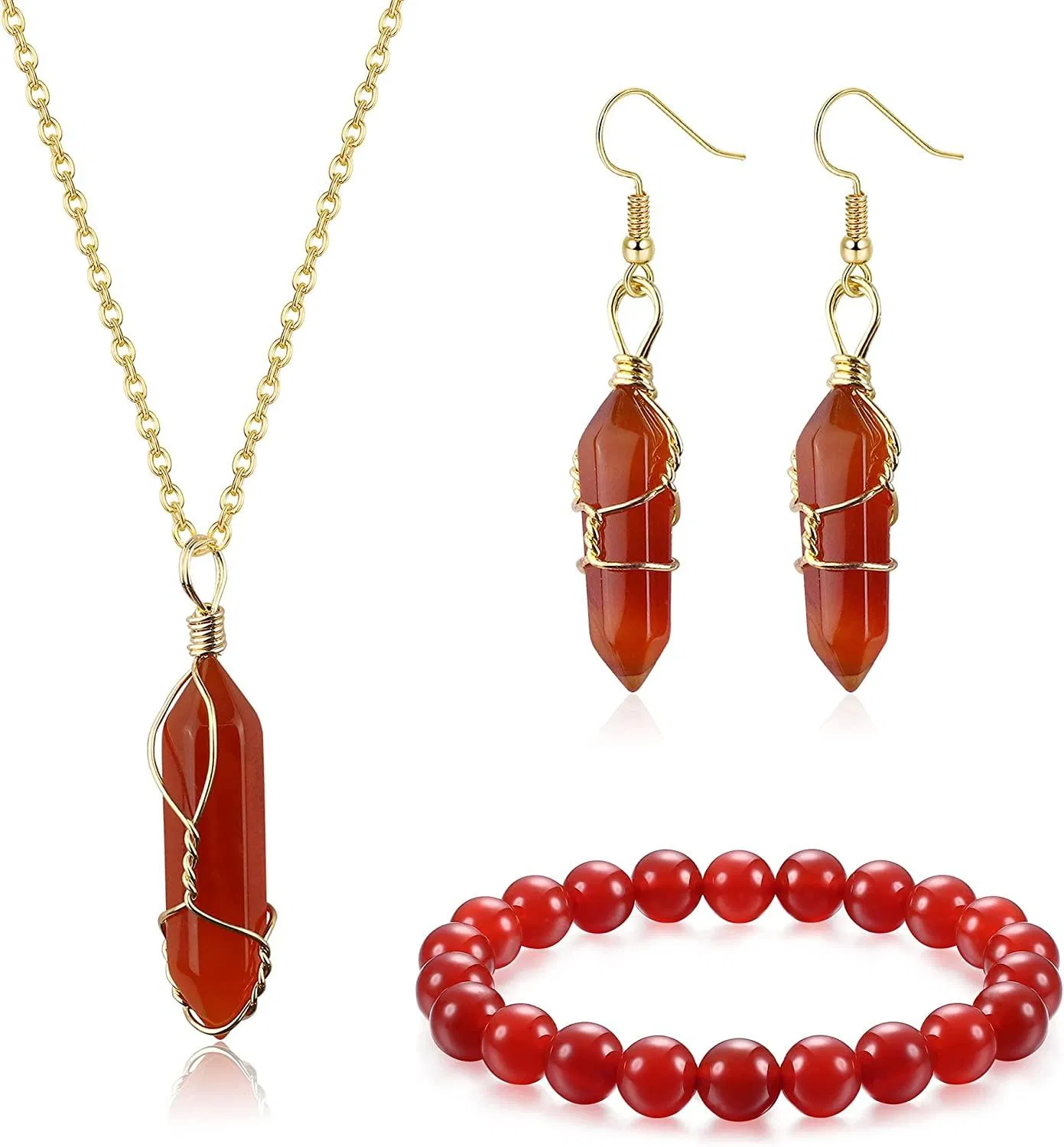 Karnelian Crystal Kette Set für Frauen Rot Purple Heilung Kristall Anhänger Kette Kristall Armband Karnelian Ohrringe Spirituelle Heilung Kristall Schmuck