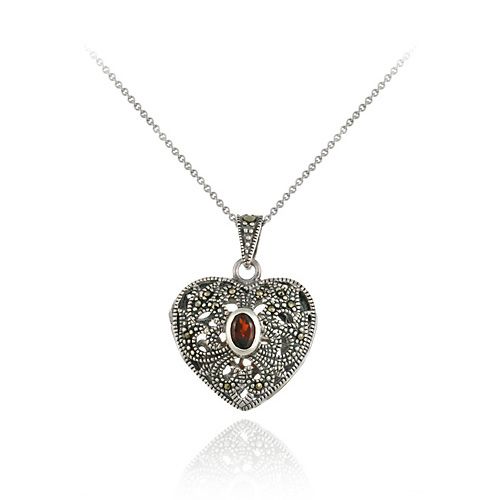 Sterling Silber Marcasite & Garnet Heart Locket Anhänger