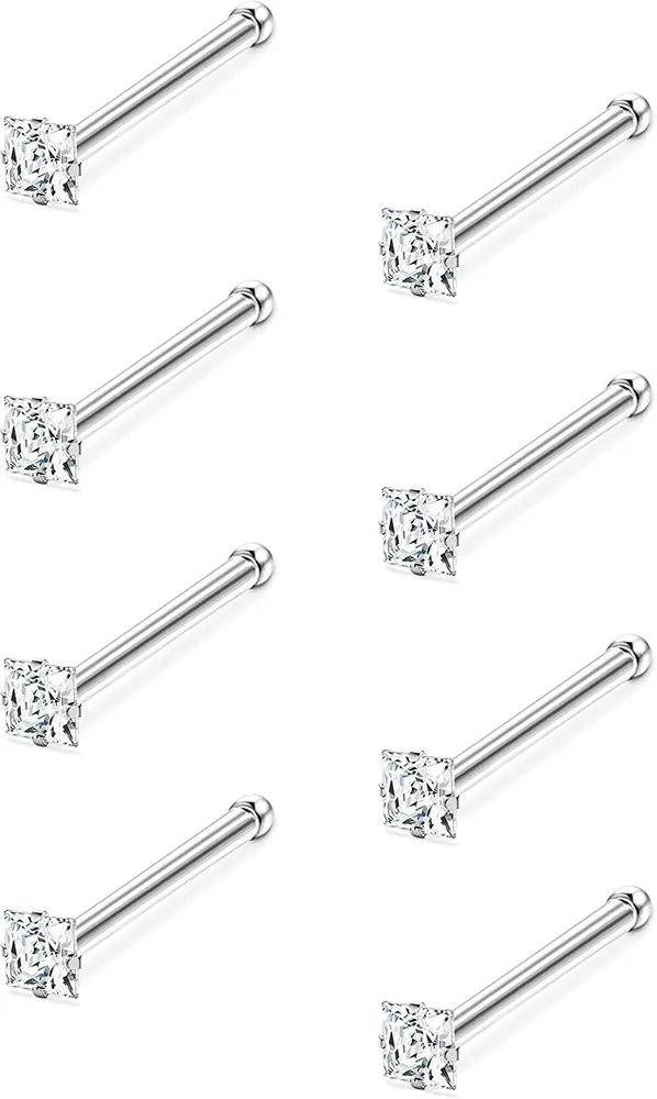 22G 925 Sterling Silber Quadrat CZ Nasenringe Stud für Frauen Männer Nasen Piercing 8pcs Tiny Nose Stud Set 1.5mm 2mm 2.5mm 3mm Cubic Zirkonia