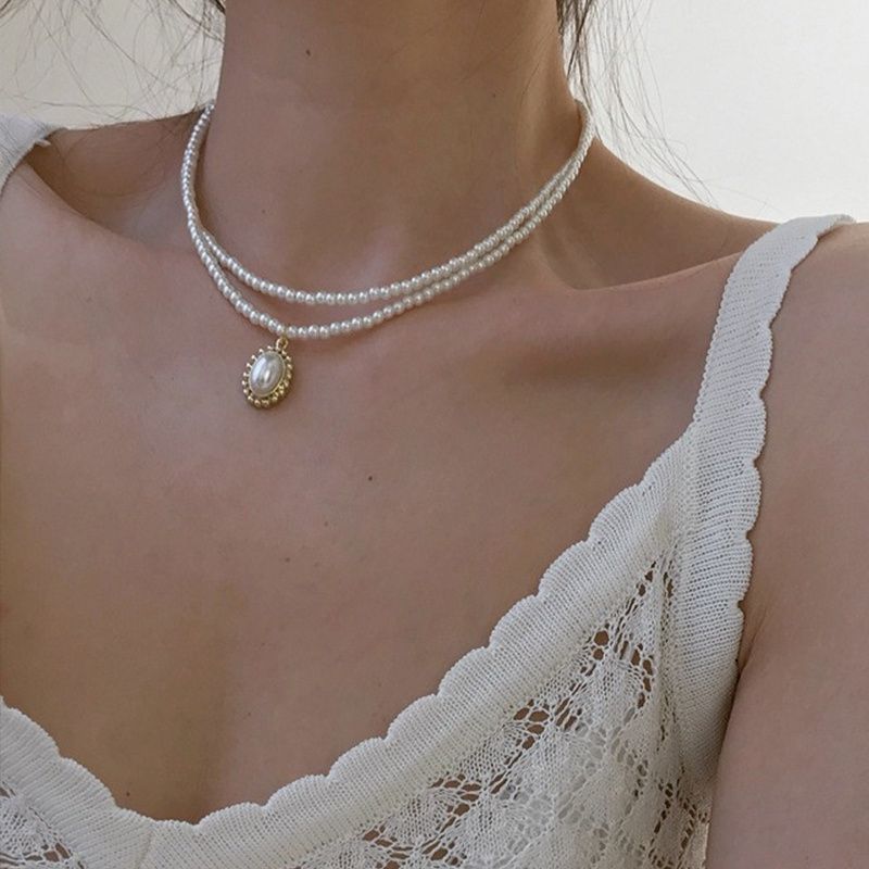 Mode Damen Anhänger Halskette Doppelschicht Pearl Halskette