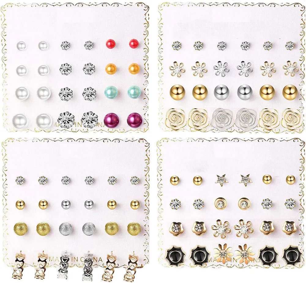 48Paars Auswahl an Edelstick Ohrringe für Frauen Faux Pearl Sun Star Flower Ball CZ Small Statement Stud Ohrring Set