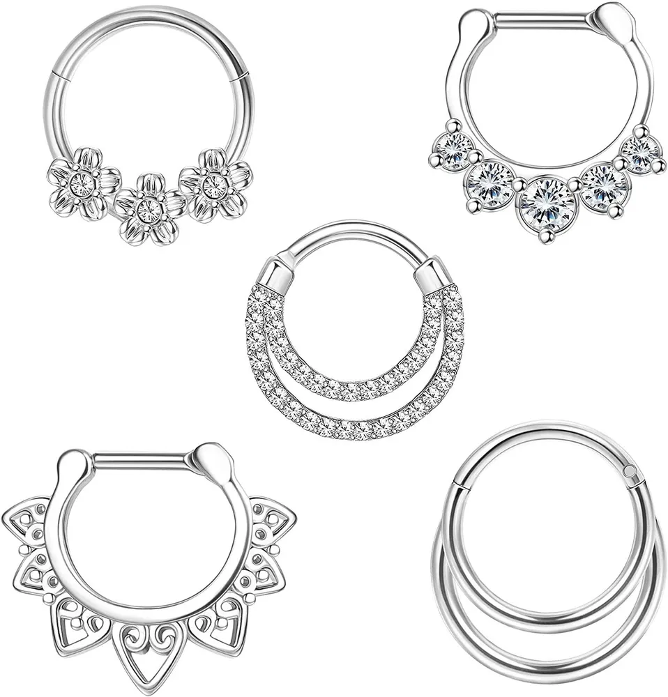 5PCS 16G Septum Clicker Ring Edelstahl CZ Nasenring Hoop Tragus Helix Knorpel Ohrringe Daith Hoop Hingeed Segment Clicker Ring Ohr Nase Muschel Piercing 10MM