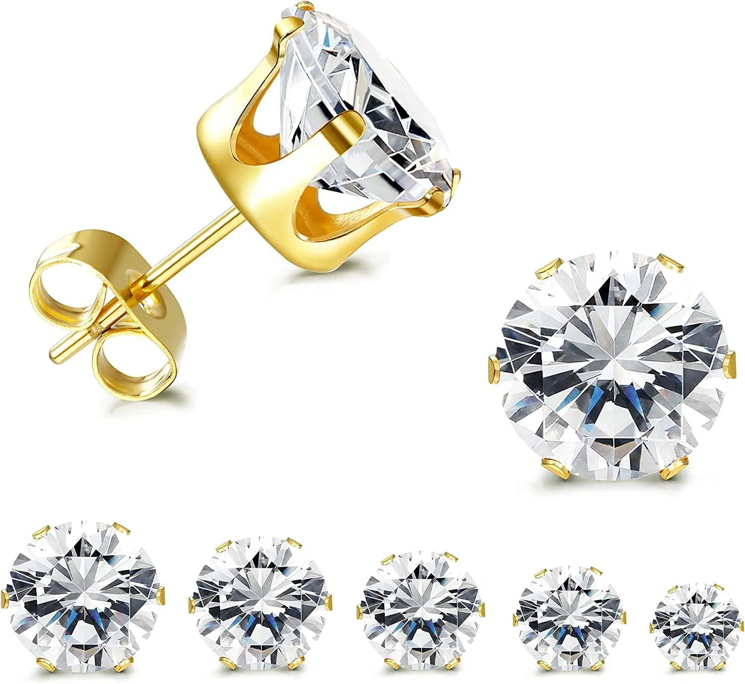5 Paare CZ Stud Ohrringe Set; Round Clear Cubic Zirkonia 316L Edelstahl Ohrringe für Frauen 3 - 7mm