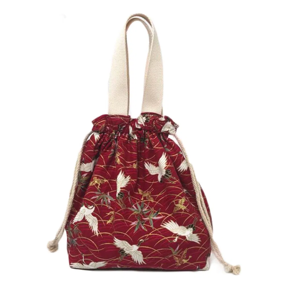 Japanischer Stil süße Mittagessen-Box Bento Tasche rote Kranich Drawstring Canvas Mittagessen-Tasche große Kapazität Mittagessen Tote Bag