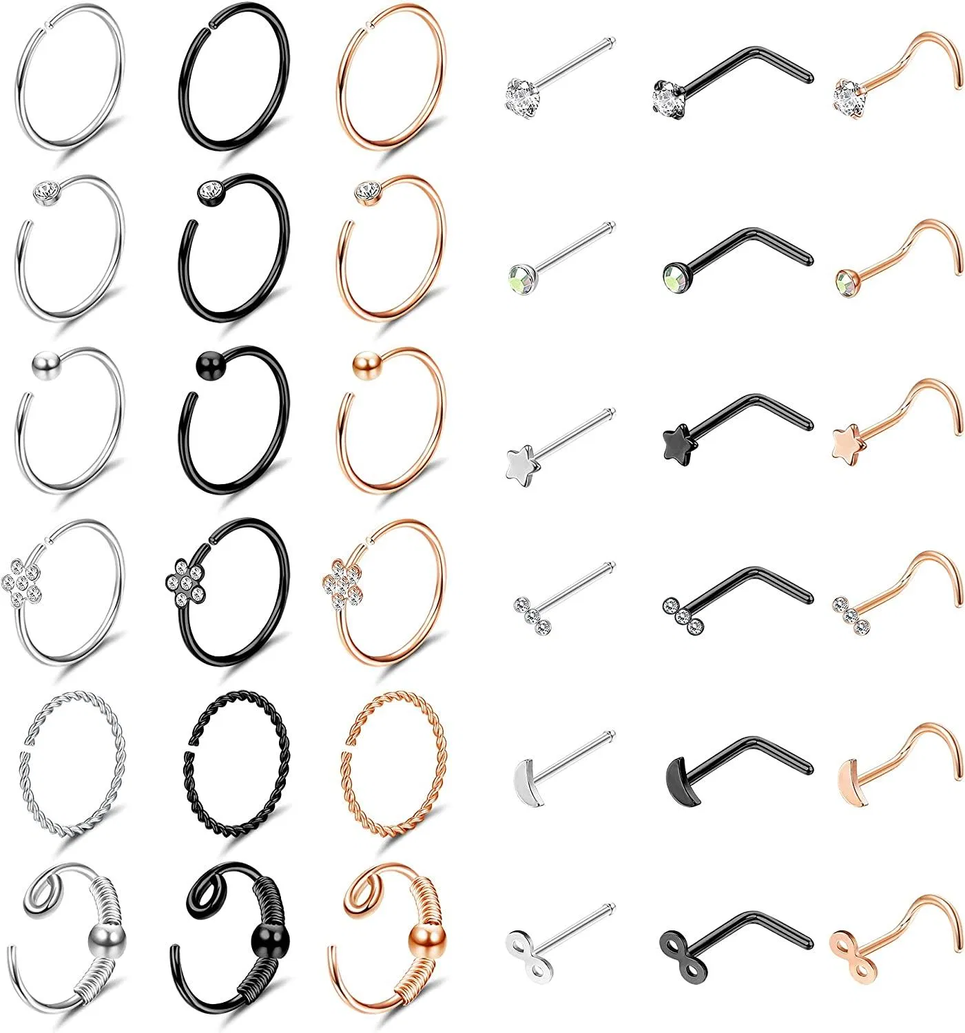 20G 36pcs Nasenringe Hoop Farbe gemischte Edelstahl Nasen Piercing Set für Frauen Männer L-Form Nasen Studs Schraube Piercing Schmuck