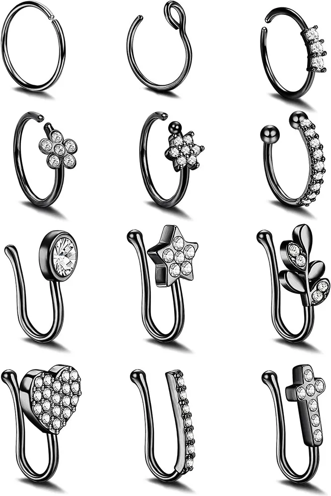 12Pcs Falsche Nase Ringe Nicht-Piercing - Clip auf Nasenmanschette Nasenloch für Frauen