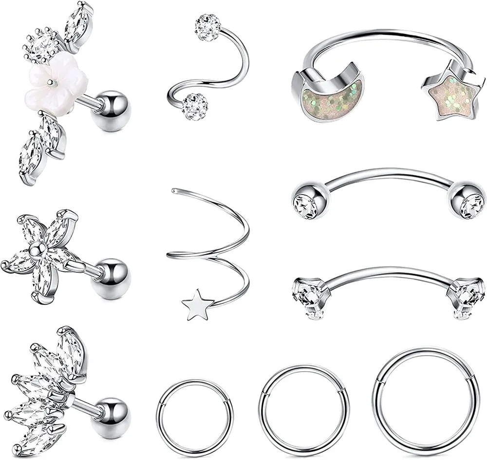 11pcs Edelstahl Tragus Ohrringe für Frauen Männer CZ Barbell Ohrringe Stud kleine Hoop Ohrringe Kit für Septum Knorpel Helix Conch Ring Ohrringe Piercing Jewelry Set 16G 18G 20G