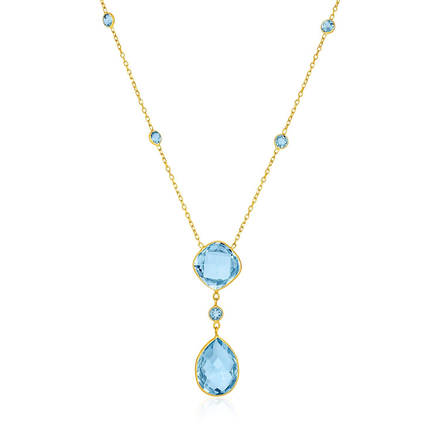 14 Karat Gelbgold Halskette mit Birnenförmigem und Kissenblau Topaz Briolettes