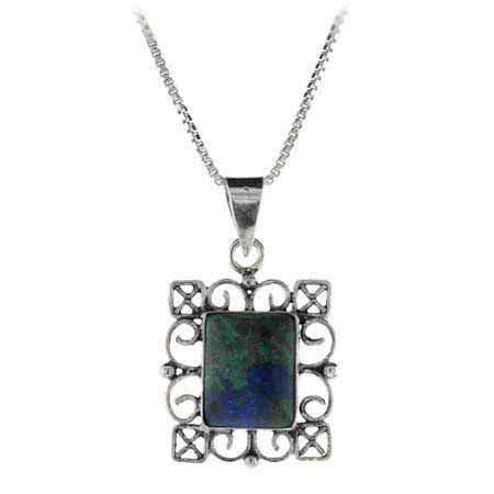 Echtes Azurite Stein Sterling Silber Filigree Rechteck Anhänger
