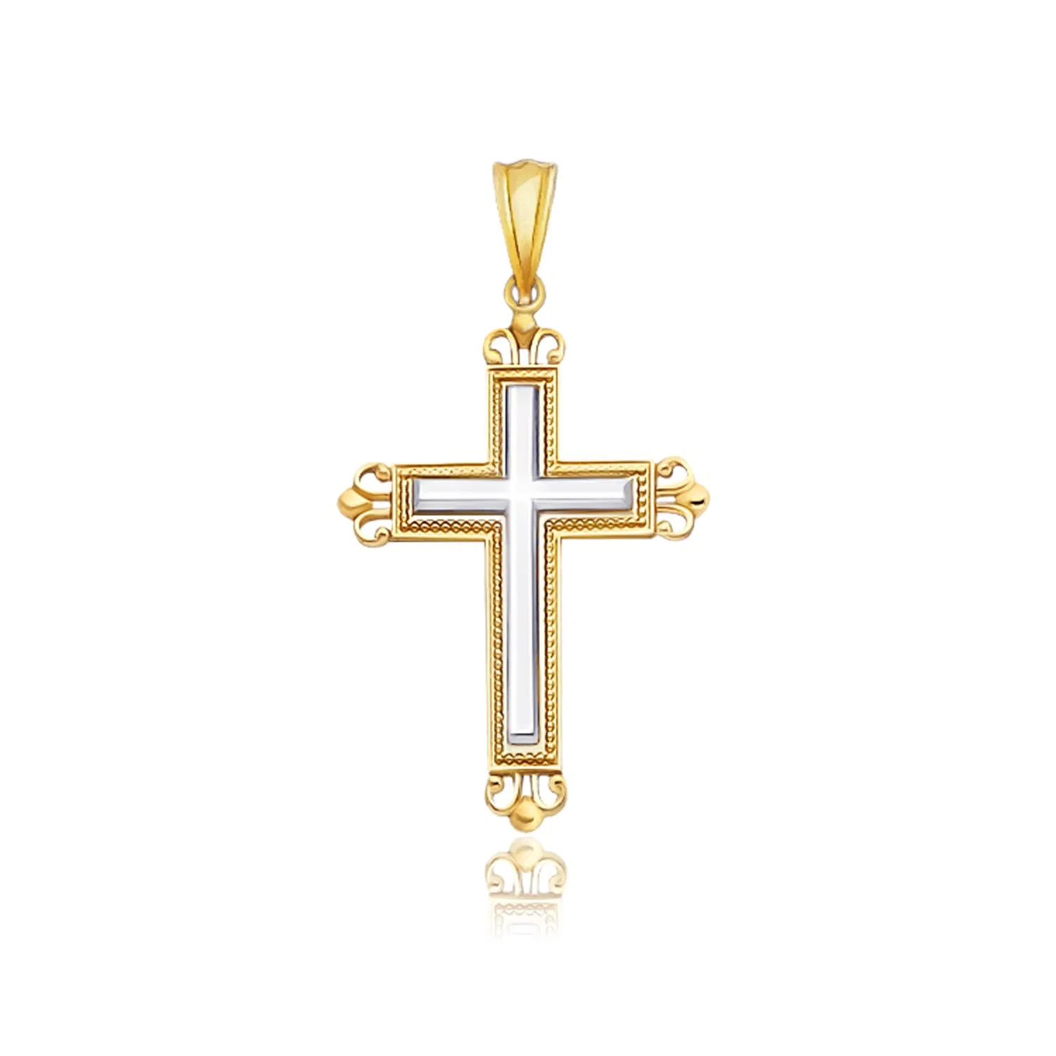 14 Karat Zwei-Ton - Gold Kreuz Anhänger mit einem verzierten Knospen-Stil
