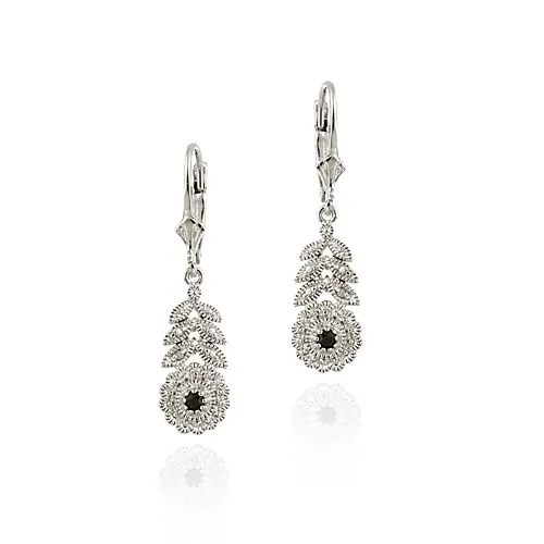 Sterling Silber Saphir & Diamant Blume w / Blätter Leverback Ohrringe