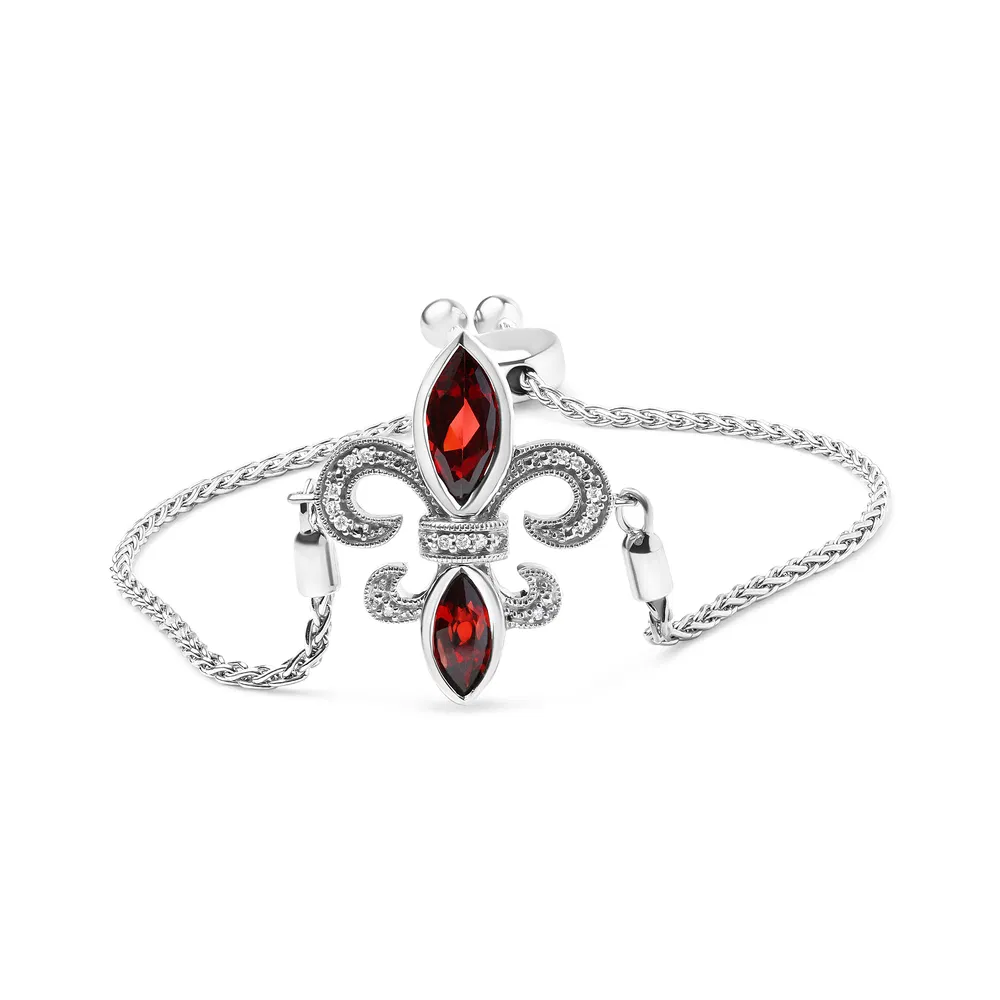 .925 Sterling Silber Marquise Garnet und Diamant Akzent Lariat 4'-10 'Fleur De Lis verstellbares Bolo Armband (H-I Farbe, SI1 - SI2 Klarheit)