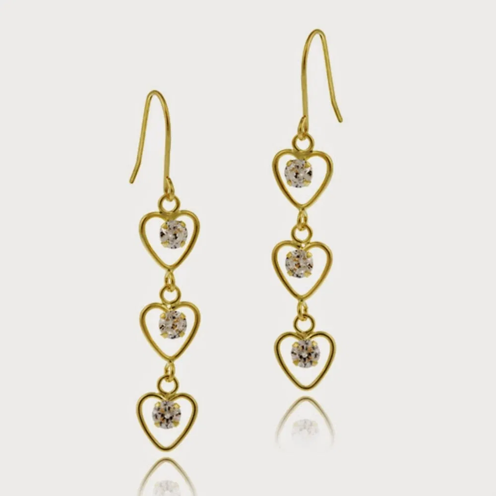 10K Gold Cubic Zirkonia Triple Heart Dangle Ohrringe