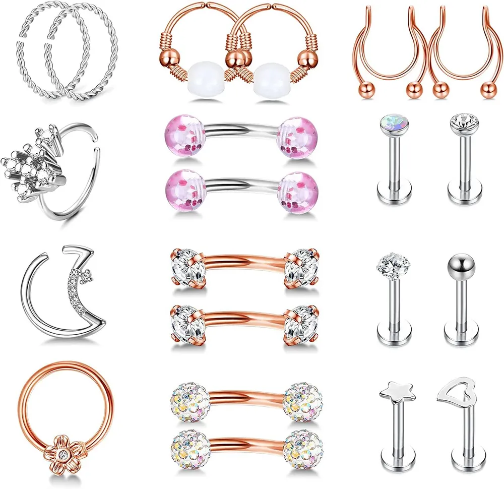 21Pcs Rook Daith Piercing 316L Edelstahl 20g Knorpel Tragus Ohrringe Schleife 16g gebogen Barbell Augenbrauen Ringe Labret Stud Nasen Septum Lippe Helix Piercing für Frauen