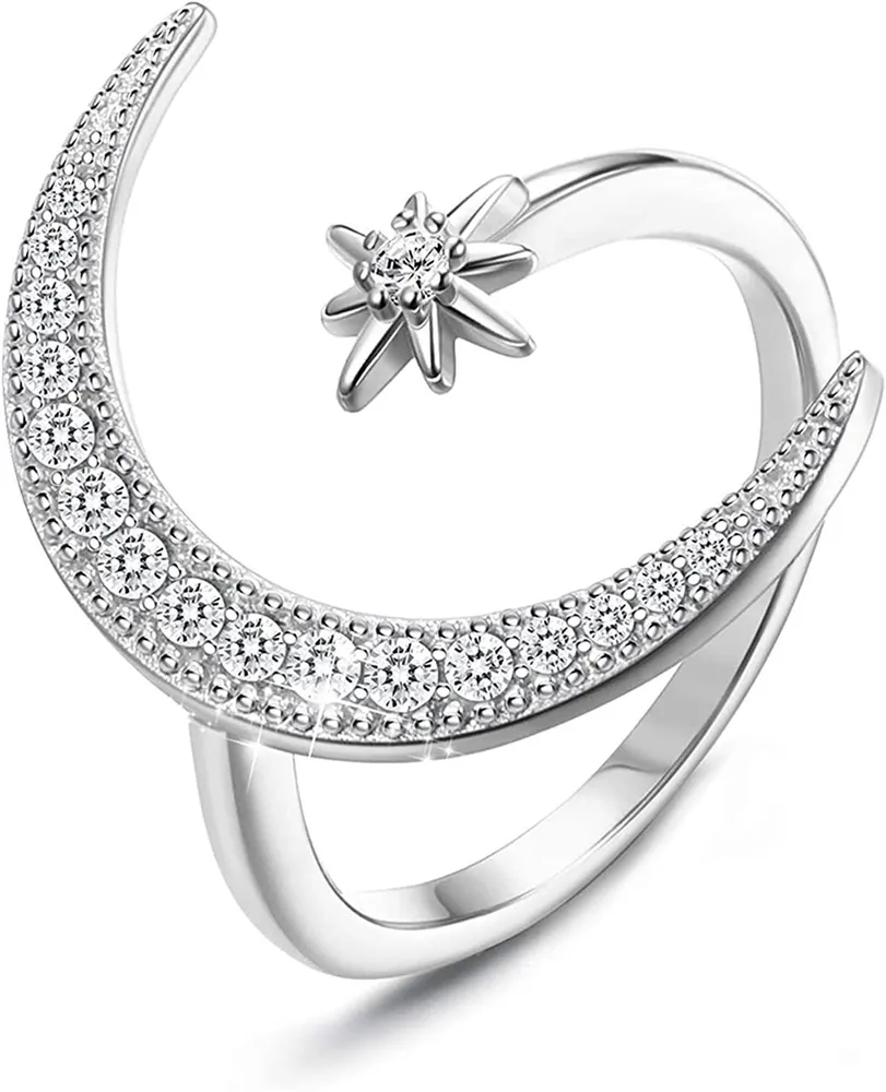 925 Sterling Silber Ring für Frauen Mädchen verstellbarer Öffnungsring Crescent Moon und Stern Ring mit Kubik Zirkonia Patron Saint Series Ring Schmuck