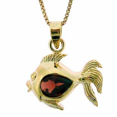 18 Karat Gold über Sterling Silber 9 / 10 Karat Granat Fisch Anhänger