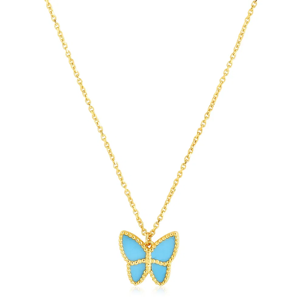 14 Karat Gelbgold High Polish Butterfly Türkis Paste Kette